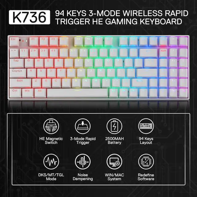Alt view image 3 of 7 - Redragon K736 PRO Rapid Trigger Wireless Gaming Keyboard, 90% 94 Keys 3-Mode HE Magnetic Mechanical Keyboard w/Hyper-Fast Actuation, Dedicated Magnetic Switch, Actuation Point Adjustable White