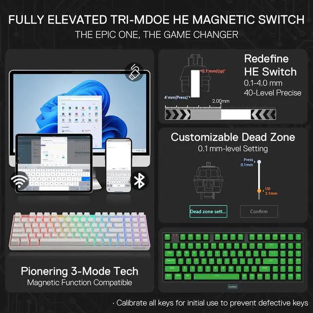 Alt view image 4 of 7 - Redragon K736 PRO Rapid Trigger Wireless Gaming Keyboard, 90% 94 Keys 3-Mode HE Magnetic Mechanical Keyboard w/Hyper-Fast Actuation, Dedicated Magnetic Switch, Actuation Point Adjustable White