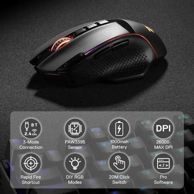 Alt view image 6 of 7 - Redragon M991 Wireless Gaming Mouse, 26000 DPI 3-Mode Gamer Mice w/Rapid Fire Key, 9 Macro Buttons, Powerful Capacity and RGB Backlight for PC/Mac/Laptop