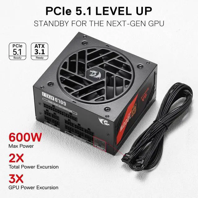Alt view image 2 of 7 - Redragon RGMS-1000W PRO 80+ Gold 1000 Watt Power Supply w/Upgraded ATX 3.1 & PCIe 5.1 Fully Modular, Compact 150mm Size, Smart ECO Low Noise Fan, 100% Japanese Capacitors, Full Mod Cables