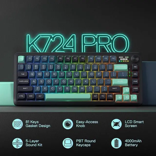 Alt view image 3 of 7 - Redragon K724 PRO Wireless Gasket Gaming Keyboard w/Hype Screen & Knob, 81-Key Mechanical Keyboard, Easy-Control 1.14 TFT Info Display, 5-Layer Noise Dampening, Custom Linear Switch, Dark Jade Color