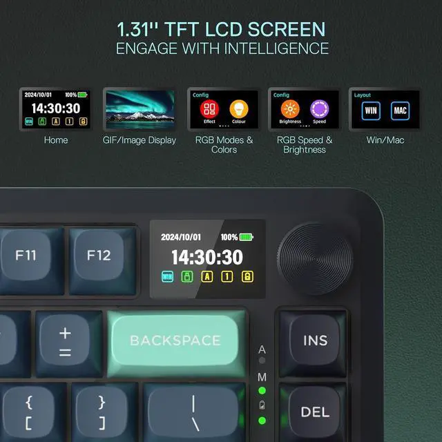 Alt view image 4 of 7 - Redragon K724 PRO Wireless Gasket Gaming Keyboard w/Hype Screen & Knob, 81-Key Mechanical Keyboard, Easy-Control 1.14 TFT Info Display, 5-Layer Noise Dampening, Custom Linear Switch, Dark Jade Color