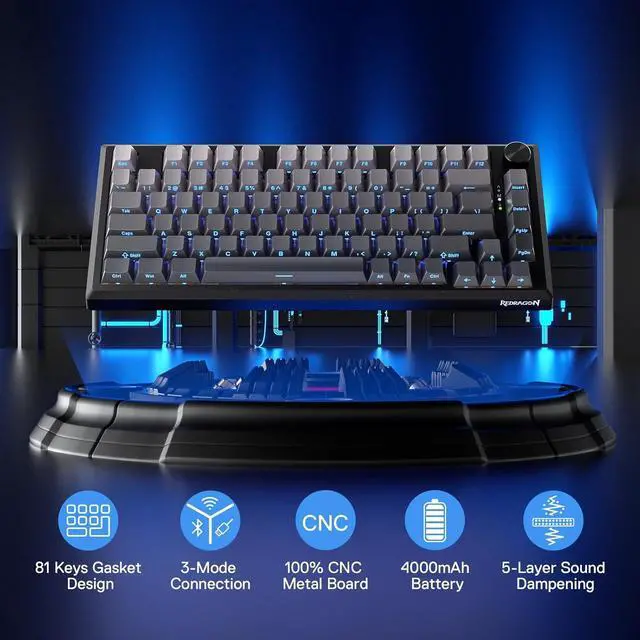 Alt view image 6 of 7 - Redragon K687 Wireless CNC Gasket Gaming Keyboard, 81 Keys Mechanical Keyboard w/Premium CNC Aluminum Board, Easy-Control Knob, 5-Layer Noise Dampening, Custom Linear Switch, PBT Gradient Keycaps