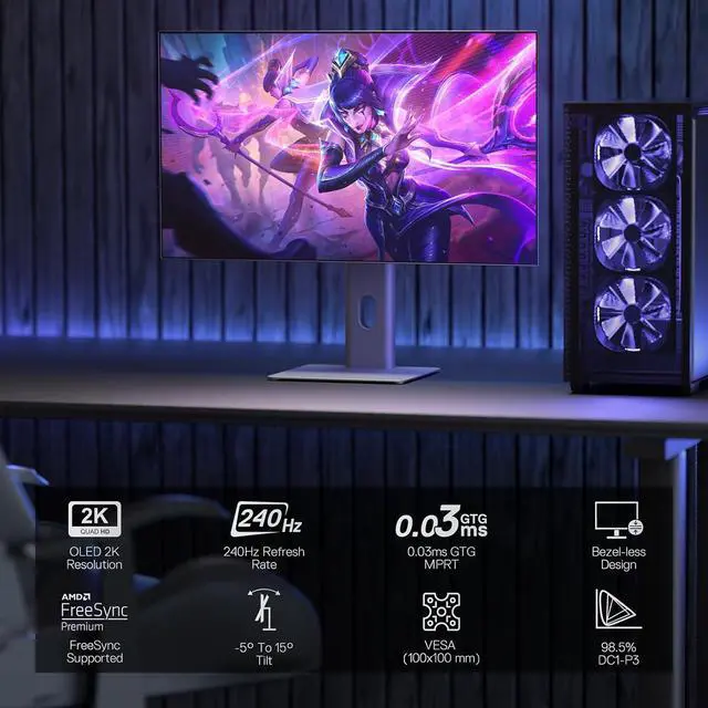Alt view image 6 of 7 - Redragon 27" OLED Flat Gaming Monitor - QHD 2560x1440, 240Hz, 0.03ms GTG, AMD FreeSync Premium, 98.5% DCI-P3, HDR10, Tilt Adjustable