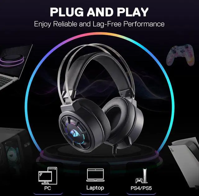 Alt view image 4 of 7 - Redragon H314 RGB Gaming Headset - Wired Computer Headset with 40mm Drivers, USB Connection, Lightweight Design, and Soft PU Leather Ear Cushions for Ultimate Comfort