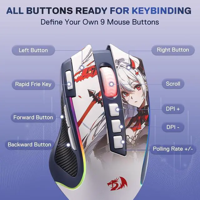 Alt view image 4 of 7 - Redragon M612AK PRO RGB Gaming Mouse, 8000 DPI Wired/Wireless Optical Mouse with 9 Programmable Buttons & 7 Backlit Modes, BT & 2.4G Wireless, Software Supports DIY Keybinds Rapid Fire Button