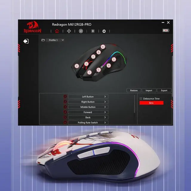 Alt view image 3 of 7 - Redragon M612AK PRO RGB Gaming Mouse, 8000 DPI Wired/Wireless Optical Mouse with 9 Programmable Buttons & 7 Backlit Modes, BT & 2.4G Wireless, Software Supports DIY Keybinds Rapid Fire Button