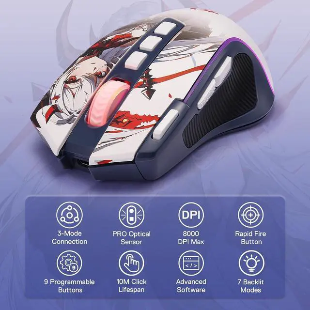 Alt view image 2 of 7 - Redragon M612AK PRO RGB Gaming Mouse, 8000 DPI Wired/Wireless Optical Mouse with 9 Programmable Buttons & 7 Backlit Modes, BT & 2.4G Wireless, Software Supports DIY Keybinds Rapid Fire Button