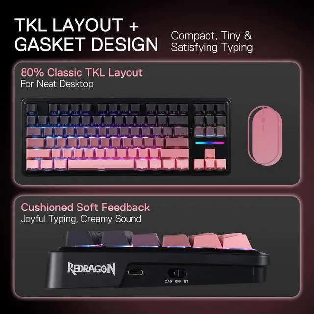 Alt view image 6 of 7 - Redragon K728 PRO 80% Wireless Gasket Gaming Keyboard, 3-Mode 87 Keys TKL Mechanical Keyboard w/South-Facing LED & Hot-Swap Socket, 5-Layer Noise Dampening, Custom Linear Switch
