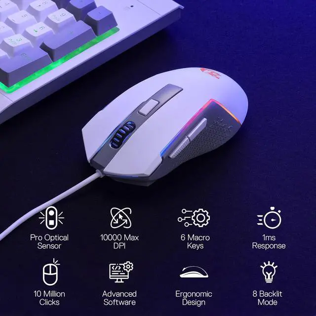 Alt view image 3 of 7 - Redragon S151 Gaming Keyboard & Mouse Combo, 104 Keys K525 Wired RGB Membrane Keyboard and 10000 DPI Wired M616 Gaming Mouse Bundle White&Gray