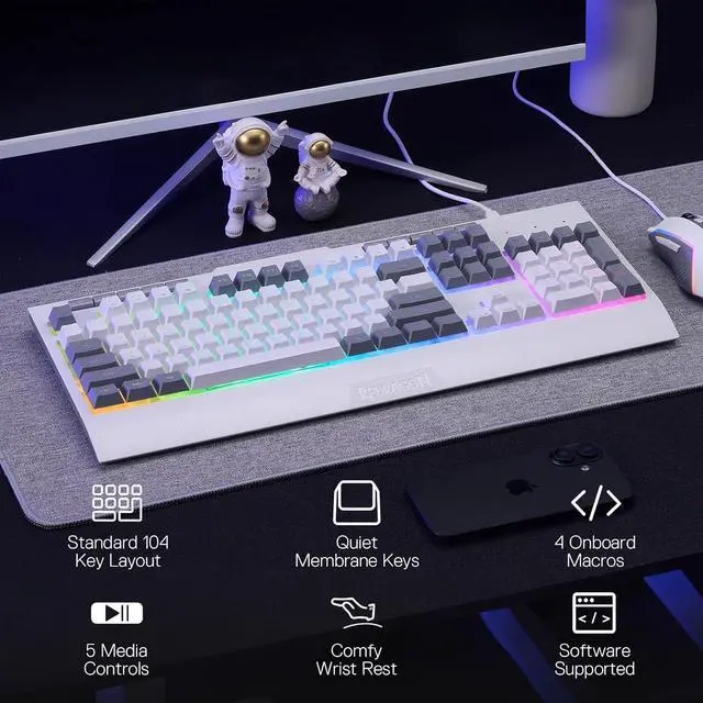 Alt view image 5 of 7 - Redragon S151 Gaming Keyboard & Mouse Combo, 104 Keys K525 Wired RGB Membrane Keyboard and 10000 DPI Wired M616 Gaming Mouse Bundle White&Gray