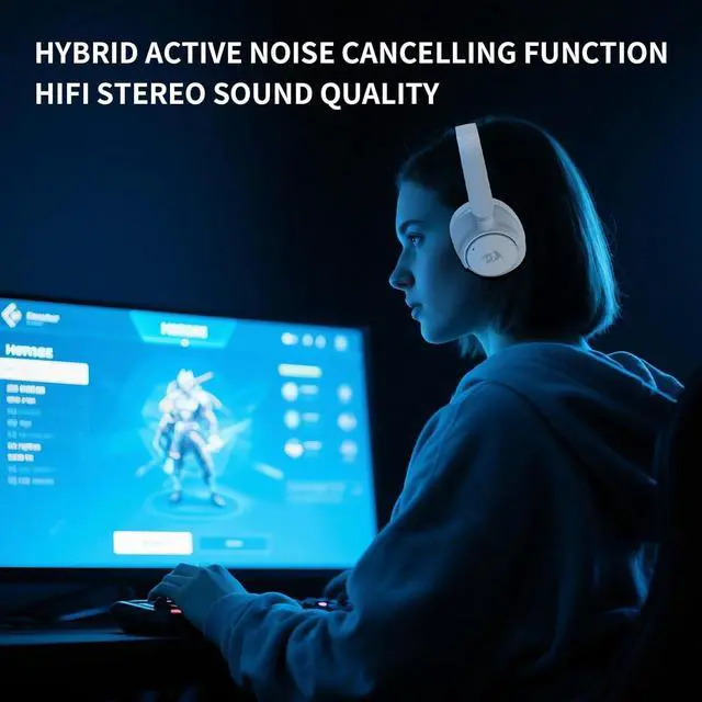 Alt view image 4 of 6 - Redragon H610 Wireless Gaming Headset for PS5, PS4, PC, Mac, NS - BT 5.3 with ANC Noise Cancellation, 50H Battery, Lightweight, Over-Ear Headphones with Built-in Mic, Black White