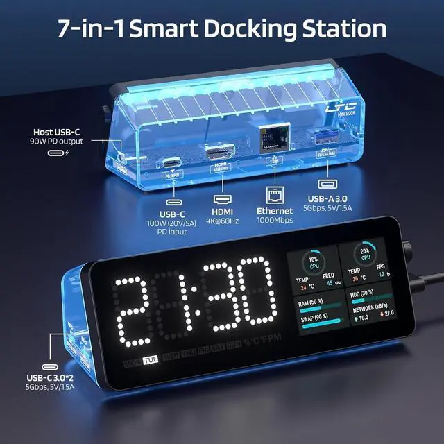 Alt view image 6 of 7 - LTC Laptop Docking Station, 7-in-1 USB C Hub with Screen, Multiple Built-in Apps, Multiport Adapter Grey