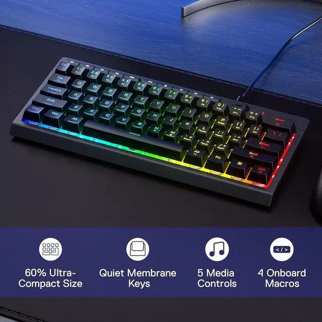 Alt view image 7 of 7 - Redragon K522 60% Wired RGB Membrane Gaming Keyboard, Compact 61 Keys Linear Mechanical-Feel Switch Keyboard w/ 4 Extra On-Board Macro Keys & Media Control Keys