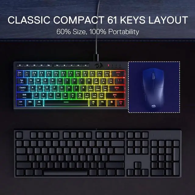 Alt view image 3 of 7 - Redragon K522 60% Wired RGB Membrane Gaming Keyboard, Compact 61 Keys Linear Mechanical-Feel Switch Keyboard w/ 4 Extra On-Board Macro Keys & Media Control Keys