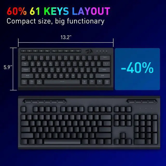 Alt view image 5 of 7 - Redragon K522 PRO 60% Wireless RGB Membrane Gaming Keyboard, 3 Mode Compact 61 Keys Linear Mechanical-Feel Switch Keyboard w/ 4 Extra On-Board Macro Keys & Media Control Keys