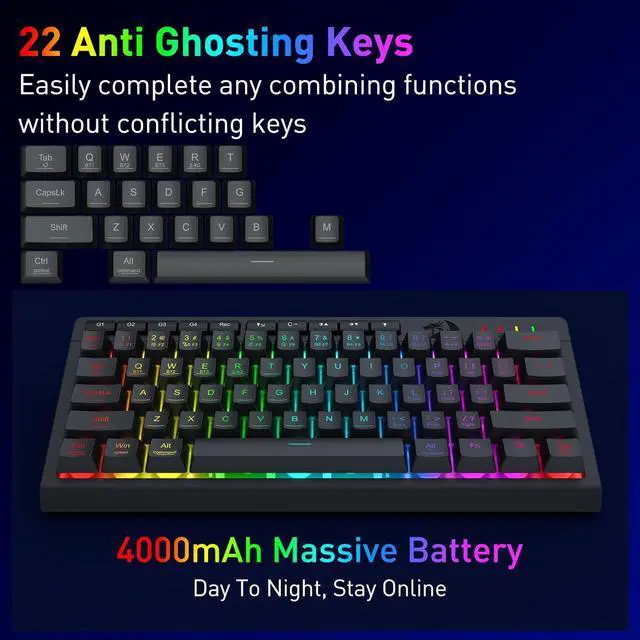 Alt view image 7 of 7 - Redragon K522 PRO 60% Wireless RGB Membrane Gaming Keyboard, 3 Mode Compact 61 Keys Linear Mechanical-Feel Switch Keyboard w/ 4 Extra On-Board Macro Keys & Media Control Keys