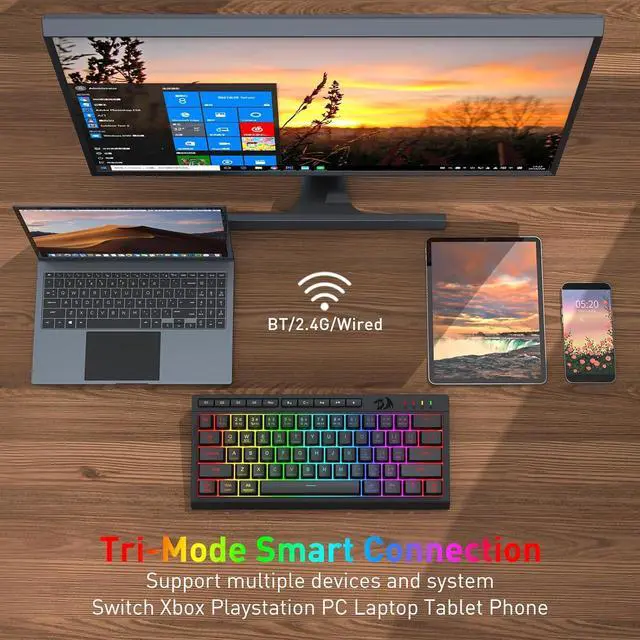 Alt view image 4 of 7 - Redragon K522 PRO 60% Wireless RGB Membrane Gaming Keyboard, 3 Mode Compact 61 Keys Linear Mechanical-Feel Switch Keyboard w/ 4 Extra On-Board Macro Keys & Media Control Keys