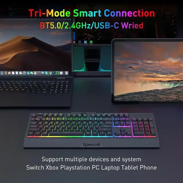 Alt view image 2 of 7 - Redragon K525 PRO RGB 3-Mode Wireless Membrane Gaming Keyboard with Multimedia Keys, Linear Mechanical-Feel Switch, 4 Extra On-Board Macro Keys, Dedicated Media Control, Ergonomic Wrist Rest