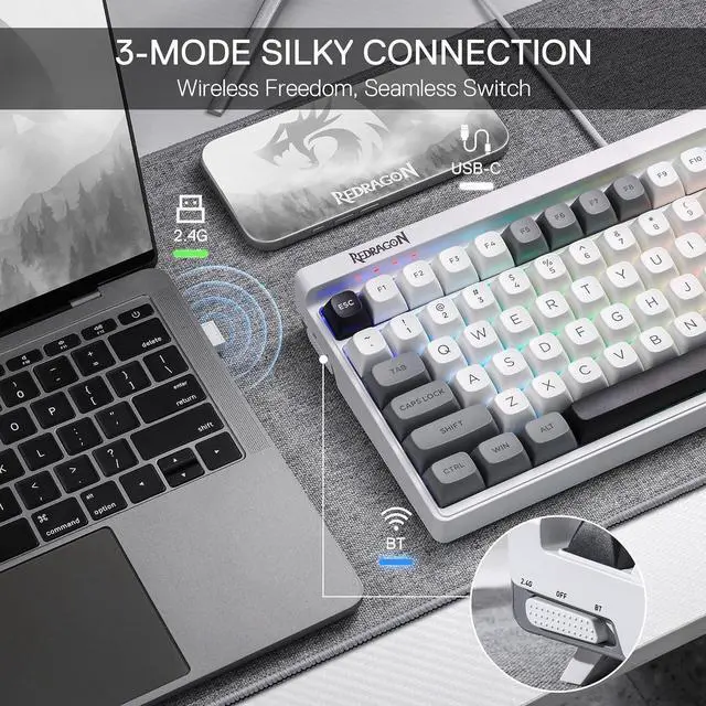 Alt view image 2 of 7 - Redragon K656 PRO 3-Mode Wireless RGB Gaming Keyboard, 100 Keys Mechanical Keyboard w/Hot-Swappable Socket, 3 Noise Dampening Layers, PBT Round Keycaps & Custom Linear Switch, MoonDust Gray