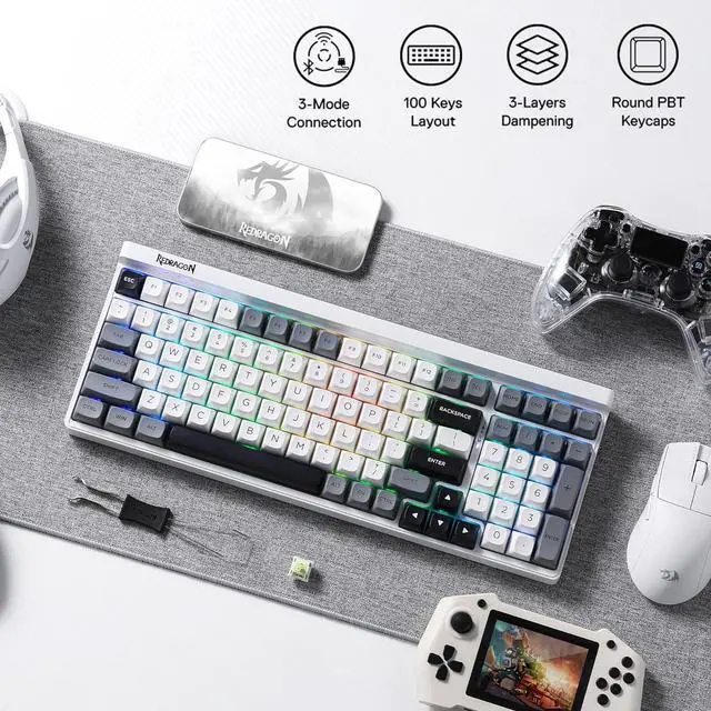 Alt view image 7 of 7 - Redragon K656 PRO 3-Mode Wireless RGB Gaming Keyboard, 100 Keys Mechanical Keyboard w/Hot-Swappable Socket, 3 Noise Dampening Layers, PBT Round Keycaps & Custom Linear Switch, MoonDust Gray