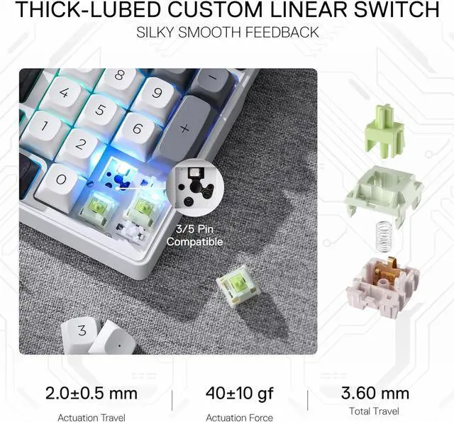 Alt view image 6 of 7 - Redragon K656 PRO 3-Mode Wireless RGB Gaming Keyboard, 100 Keys Mechanical Keyboard w/Hot-Swappable Socket, 3 Noise Dampening Layers, PBT Round Keycaps & Custom Linear Switch, MoonDust Gray