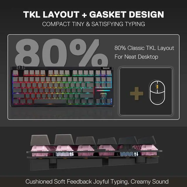 Alt view image 6 of 7 - Redragon K729 PRO 80% Wireless Gasket RGB Gaming Keyboard, 3-Mode TKL Mechanical Keyboard w/Knob Control, Gradient PBT Keycaps, Hot-Swap South-Facing Socket & 5-Layer Dampener, Custom Silent Switch