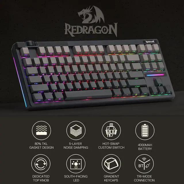 Alt view image 2 of 7 - Redragon K729 PRO 80% Wireless Gasket RGB Gaming Keyboard, 3-Mode TKL Mechanical Keyboard w/Knob Control, Gradient PBT Keycaps, Hot-Swap South-Facing Socket & 5-Layer Dampener, Custom Silent Switch