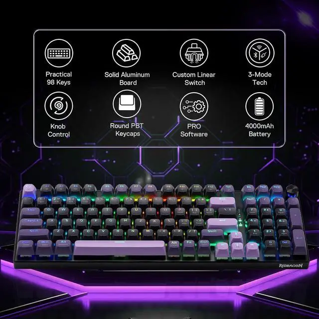 Alt view image 5 of 7 - Redragon K740 PRO 98 Keys Wireless RGB Gaming Keyboard, 3-Mode PBT Mechanical Keyboard w/Solid Aluminum Base, Dedicated Knob Control & Hot-Swap Socket, Custom Linear Switch