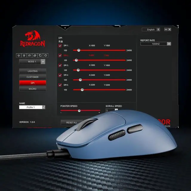Alt view image 2 of 7 - Redragon M817 Wired Gaming Mouse, 24000 DPI Optical Mice with 5 Programmable Buttons & Ergonomic Design, 37G Ultra Lightweight, Software Supports DIY Keybinds, Blue
