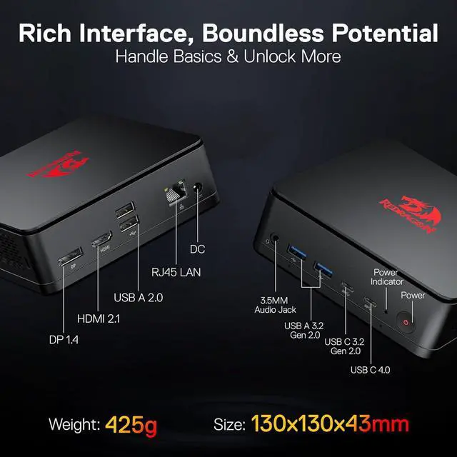 Alt view image 5 of 7 - Redragon MPC745 Mini PC AI NPU AMD Ryzen 7 8845HS Processor(MAX 5.1 GHz), Mini Desktop Computer w/Radeon 780M Graphics & 16GB DDR5 RAM 1TB PCIe M.2 SSD, Support Ethernet, 4K UHD, WiFi, BT 5.2, USB 4.0