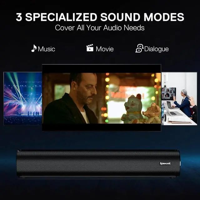 Alt view image 7 of 7 - Redragon GS821 Computer Soundbar for Desktop, Hi-Fi Stereo PC Speaker with BT 5.3, Optical/HDMI ARC/AUX/USB Connection, 3 EQ Modes, Includes Remote Control, Gaming Speakers for PC, Laptop, Tablet