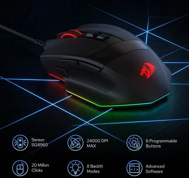 Alt view image 2 of 7 - Redragon M923 Wired RGB Gaming Mouse, Optical Ergonomic Mouse with Max 24,000DPI, High Precision Sensor SG8960, 8 Macro Buttons, Software Supported
