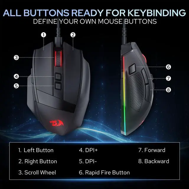 Alt view image 4 of 7 - Redragon M923 Wired RGB Gaming Mouse, Optical Ergonomic Mouse with Max 24,000DPI, High Precision Sensor SG8960, 8 Macro Buttons, Software Supported