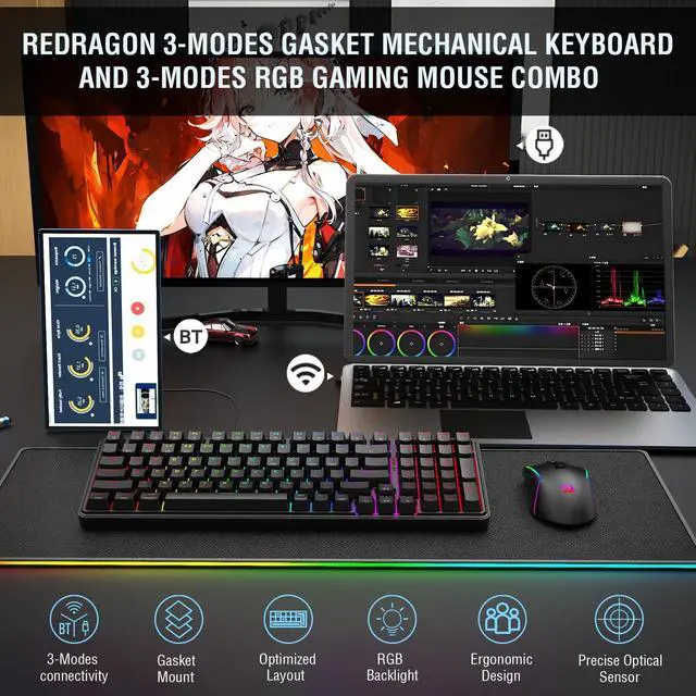 Alt view image 2 of 7 - Redragon S162 3-Mode Wilreess Gaming Keyboard & Mouse Combo, 99 Keys K744 RGB GamingKeyboard and 8000 DPI M693 Gaming Mouse Bundle