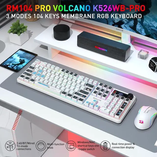 Alt view image 4 of 7 - Redragon K526 PRO Wireless RGB Membrane Gaming Keyboard, LED Screen & Knob | See Battery, Mode & Time at a Glance, 0-Delay Tri-Mode, One-Touch Backlit & Media Adjust, 26-Key Anti-Ghost for Combo-Strik