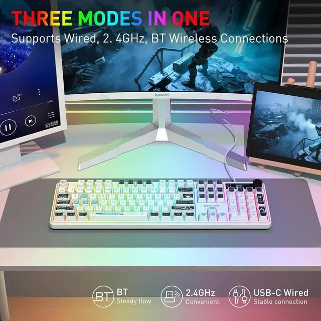 Alt view image 2 of 7 - Redragon K526 PRO Wireless RGB Membrane Gaming Keyboard, LED Screen & Knob | See Battery, Mode & Time at a Glance, 0-Delay Tri-Mode, One-Touch Backlit & Media Adjust, 26-Key Anti-Ghost for Combo-Strik