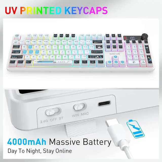 Alt view image 6 of 7 - Redragon K526 PRO Wireless RGB Membrane Gaming Keyboard, LED Screen & Knob | See Battery, Mode & Time at a Glance, 0-Delay Tri-Mode, One-Touch Backlit & Media Adjust, 26-Key Anti-Ghost for Combo-Strik