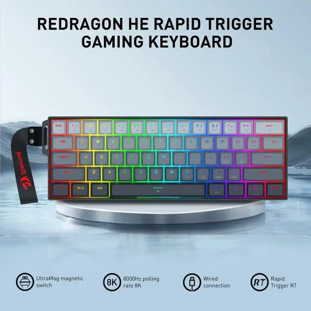 Alt view image 2 of 7 - Redragon K617 HE Wired Hall-Effect Rapid Trigger Magnetic Gaming Keyboard | 8K Polling Adjustable Actuation, 61 Keys Design for More Room to Aim, Swap-Ready Socket for Mod, RGB Pro Software Supported