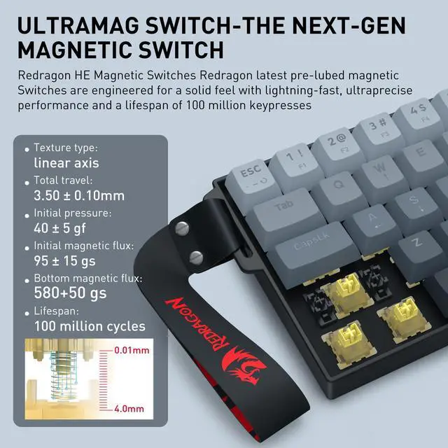 Alt view image 3 of 7 - Redragon K617 HE Wired Hall-Effect Rapid Trigger Magnetic Gaming Keyboard | 8K Polling Adjustable Actuation, 61 Keys Design for More Room to Aim, Swap-Ready Socket for Mod, RGB Pro Software Supported