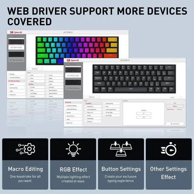 Alt view image 5 of 7 - Redragon K617 HE Wired Hall-Effect Rapid Trigger Magnetic Gaming Keyboard | 8K Polling Adjustable Actuation, 61 Keys Design for More Room to Aim, Swap-Ready Socket for Mod, RGB Pro Software Supported