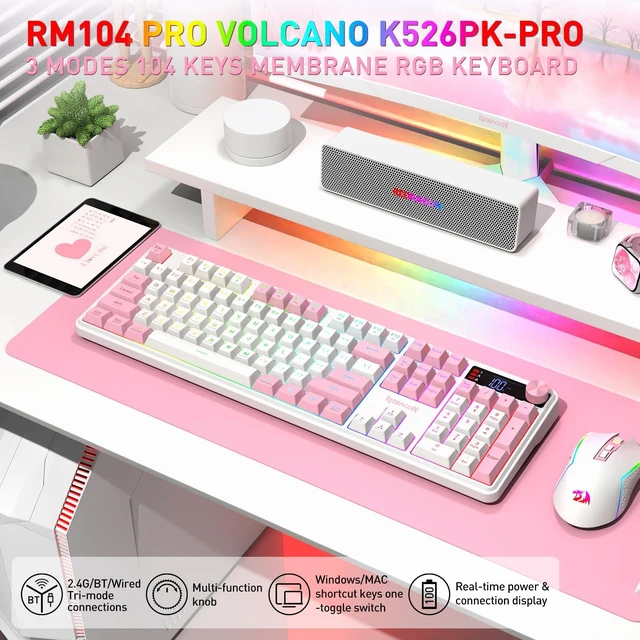 Alt view image 2 of 7 - Redragon K526 PRO Wireless RGB Membrane Gaming Keyboard White & Pink