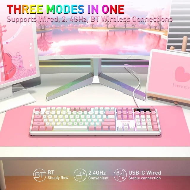 Alt view image 3 of 7 - Redragon K526 PRO Wireless RGB Membrane Gaming Keyboard White & Pink