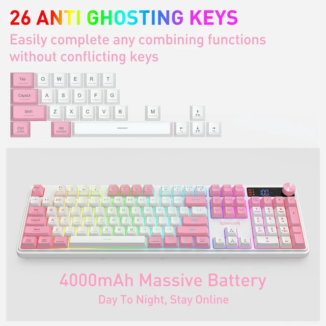 Alt view image 5 of 7 - Redragon K526 PRO Wireless RGB Membrane Gaming Keyboard White & Pink