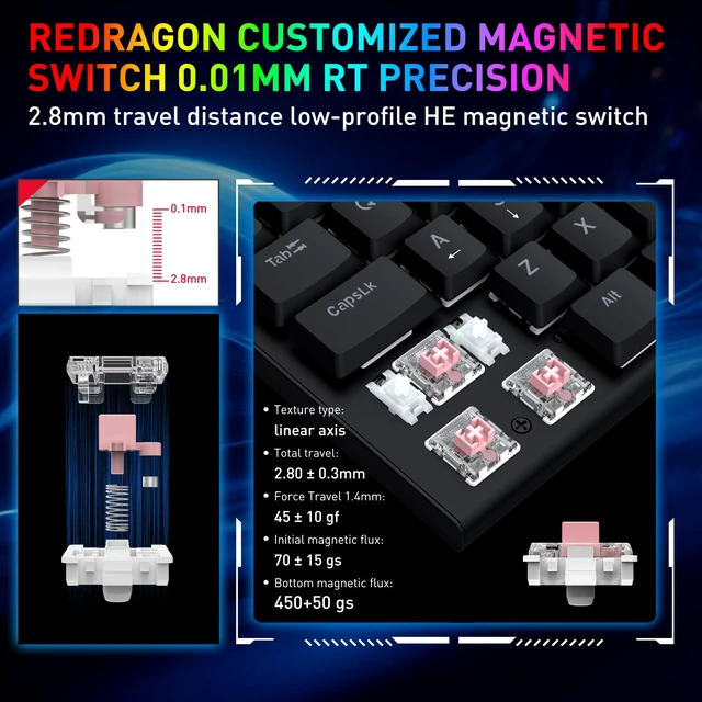 Alt view image 3 of 7 - Redragon K618 HE Wired Low-Profile Rapid Trigger Magnetic Gaming Keyboard