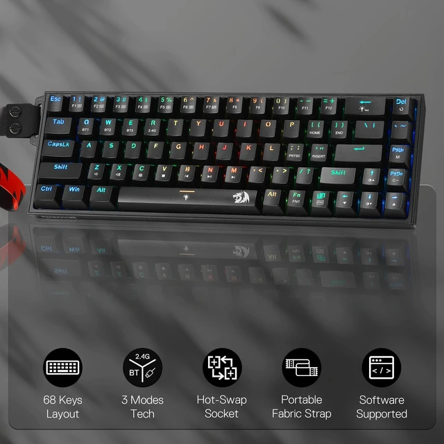 Alt view image 2 of 7 - Redragon K631 PRO 65% 3-Mode Wireless RGB Gaming Keyboard, 68 Keys Hot-Swappable Compact Mechanical Keyboard w/Hot-Swap Free-Mod PCB Socket & Portable Strap, Custom Dragon Chant Linear Switch