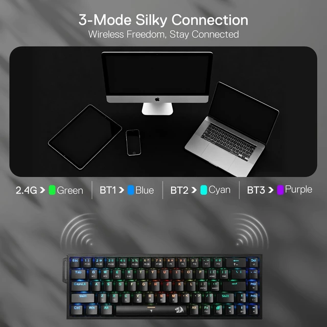 Alt view image 3 of 7 - Redragon K631 PRO 65% 3-Mode Wireless RGB Gaming Keyboard, 68 Keys Hot-Swappable Compact Mechanical Keyboard w/Hot-Swap Free-Mod PCB Socket & Portable Strap, Custom Dragon Chant Linear Switch