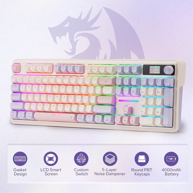 Alt view image 3 of 7 - Redragon K762 PRO Wireless 104-Key Gasket Gaming Keyboard, Screen & Knob