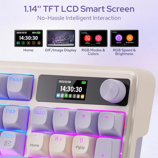 Alt view image 5 of 7 - Redragon K762 PRO Wireless 104-Key Gasket Gaming Keyboard, Screen & Knob