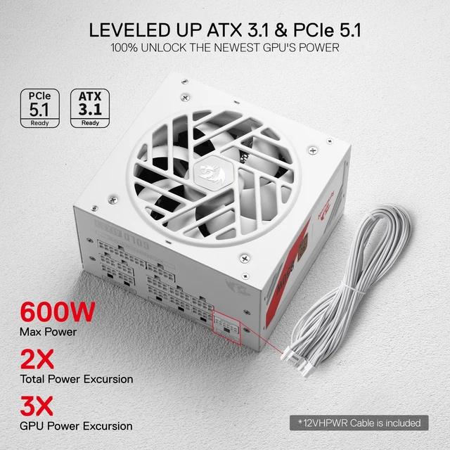 Alt view image 3 of 7 - Redragon RGMS-850W PRO 80+ Gold 850 Watt Power Supply w/Upgraded ATX 3.1 & PCIe 5.1 Fully Modular, Compact 150mm Size, Smart ECO Low Noise Fan, 100% Japanese Capacitors, Full Mod Cables